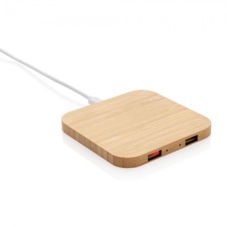 10W trådlös laddare i bambu med USB portar